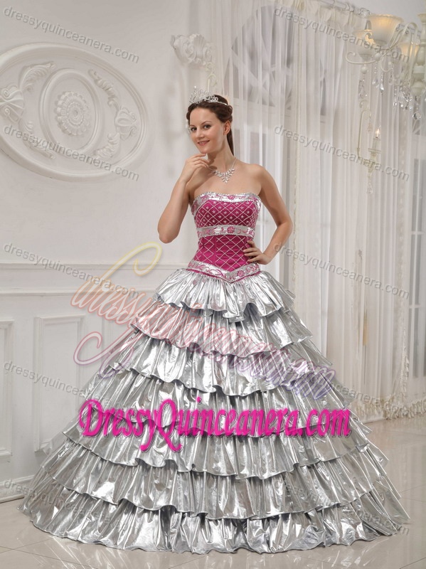 Popular A-line Strapless Beading Quince Dresses in Silver with Ruffled Layers