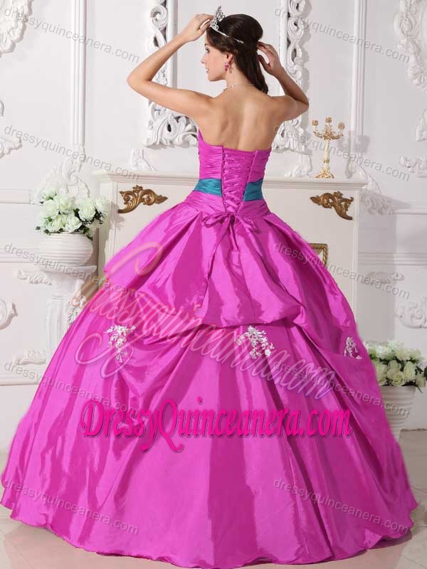 Hot Pink Strapless Appliques Taffeta Beading Quince Dresses with Bowknot