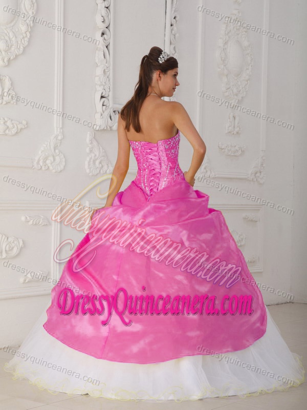 Strapless Organza and Taffeta Beading Quinceanera Gown in Pink and White