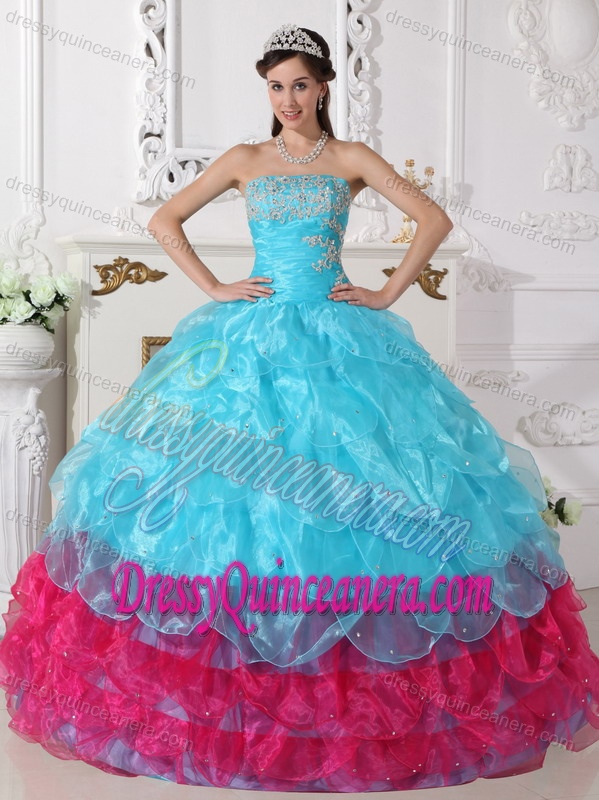 Appliques Strapless Aqua Blue Organza Sweet 16 Dresses with Petal Ruffles