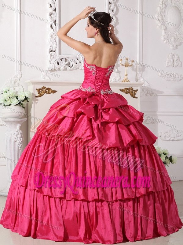 Hot Pink Sweetheart Taffeta Appliques Dress for Quinceanera with Pick-ups