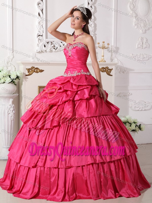 Hot Pink Sweetheart Taffeta Appliques Dress for Quinceanera with Pick-ups