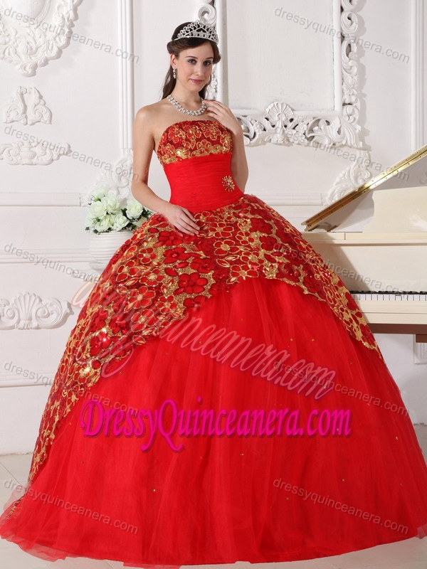 Red Strapless Taffeta and Tulle Sweet Quinceanera Gowns with Gold Sequin