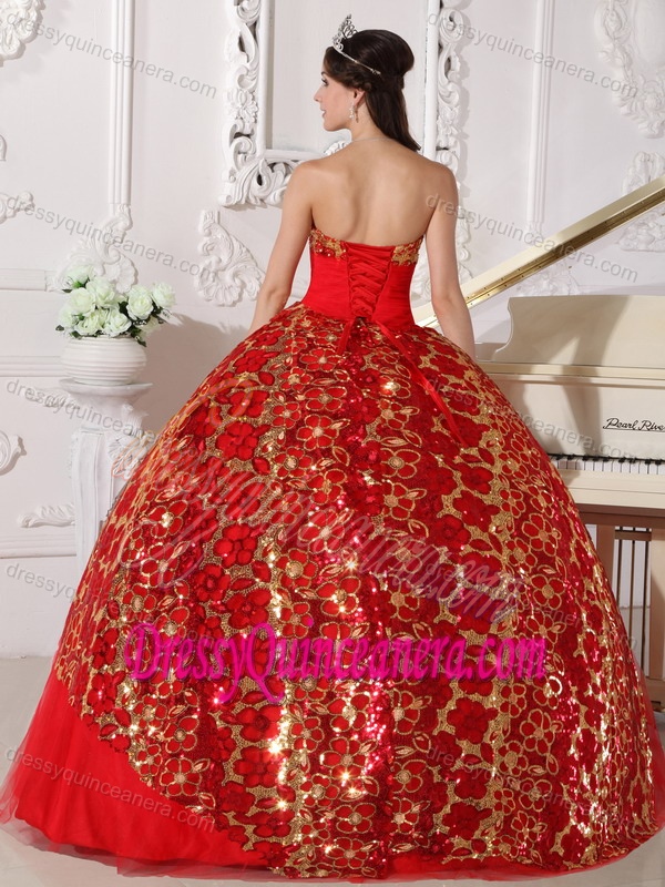 Red Strapless Taffeta and Tulle Sweet Quinceanera Gowns with Gold Sequin