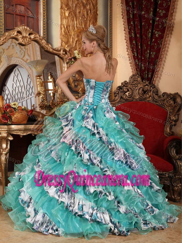 Sweetheart Taffeta and Organza Printing Quinceanera Gown Dress with Ruffles