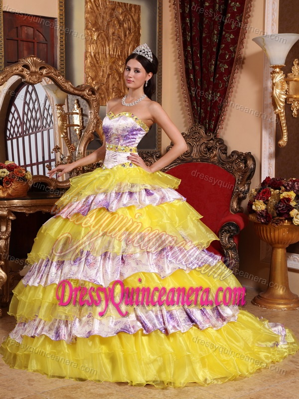Printed Sweetheart Yellow Organza Beading and Ruffles Quinceanera Gowns