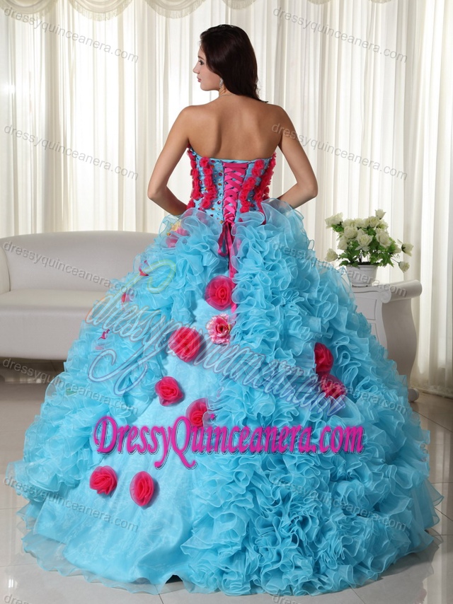 Strapless Aqua Blue Organza Beading Quince Dress with Handmade Flowers