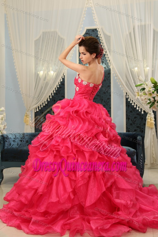 Single Shoulder Hot Pink Appliques Beading Ruffled Sweet Sixteen Dresses