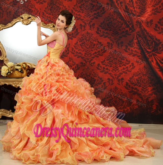 One Shoulder Beading Yellow and Pink Quinces Dresses with Ruffles and Brush Train