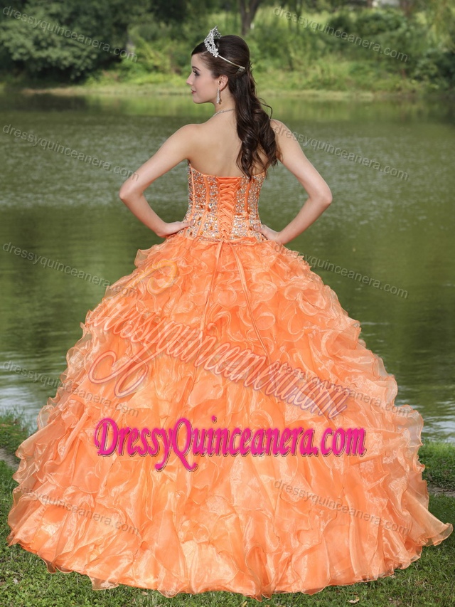 Clearance Orange Beading Sweetheart Sweet 15 Dresses with Ruffled Layers