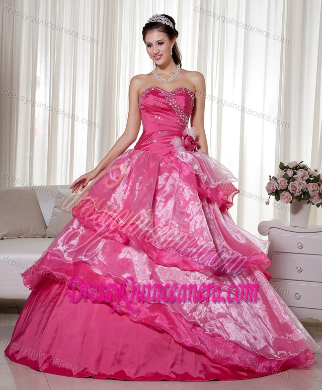 Hot Pink Sweetheart Beading Organza and Taffeta Sweet 16 Dresses with Layers