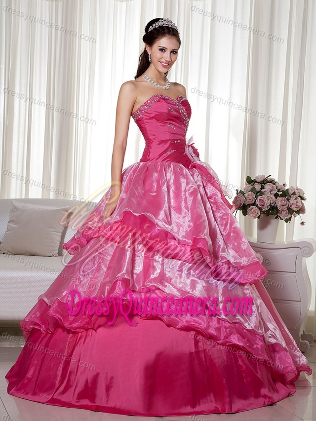 Hot Pink Sweetheart Beading Organza and Taffeta Sweet 16 Dresses with Layers