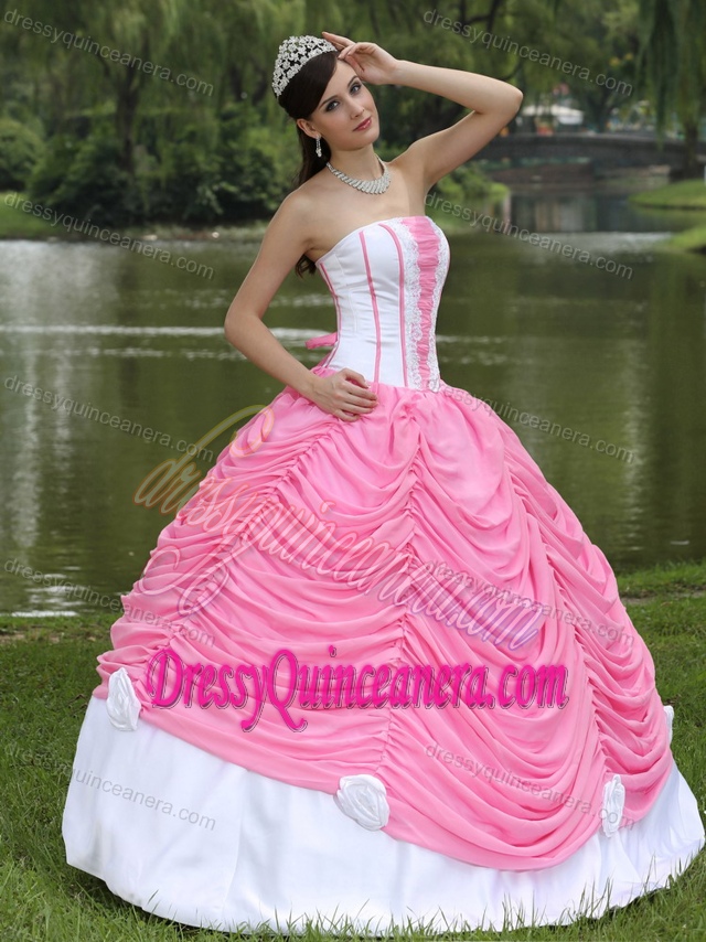 Custom Made Quinceanera Dress Strapless in Pink and White with Pick-ups