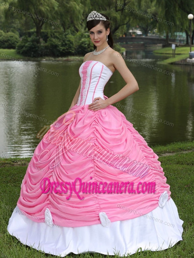 Custom Made Quinceanera Dress Strapless in Pink and White with Pick-ups