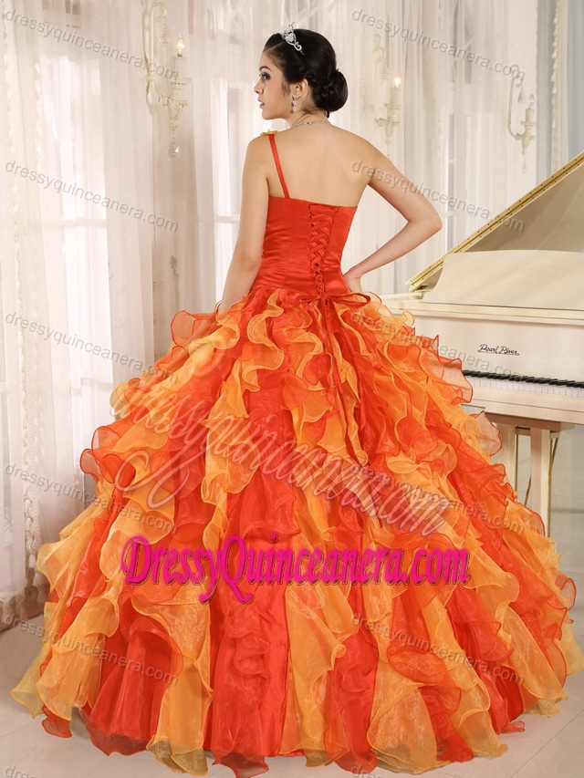 Floral Orange One Shoulder Beading Quinceanera Gown Dresses with Ruffles