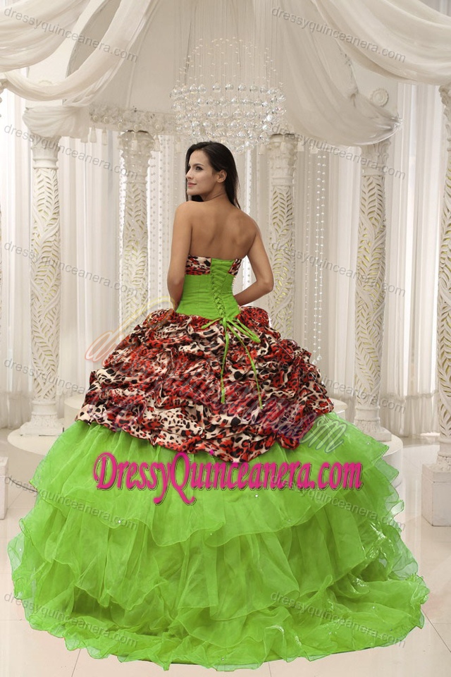 Custom Made Strapless Leopard Print Sweet 15 Dresses in Organza Spring Green
