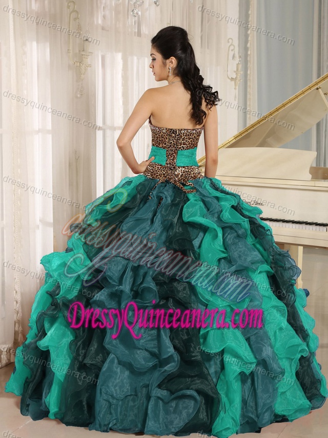 Slot V-neck Leopard Print Multi-color Beading Quinceanera Gown with Ruffles