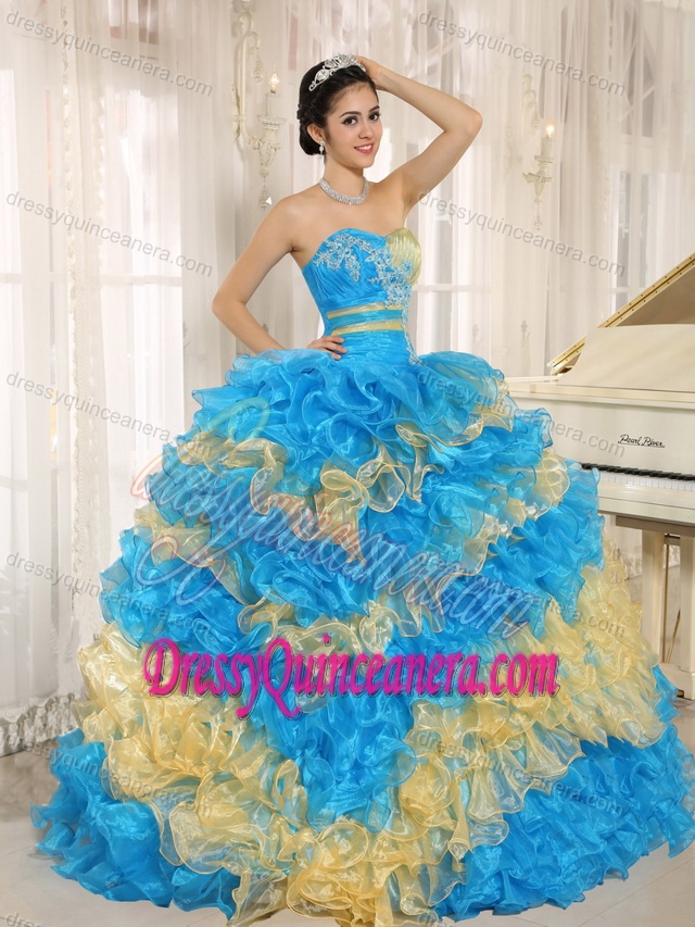 2014 Quinceanera Dress with Sweetheart Appliques and Ruffles in Blue and Yellow