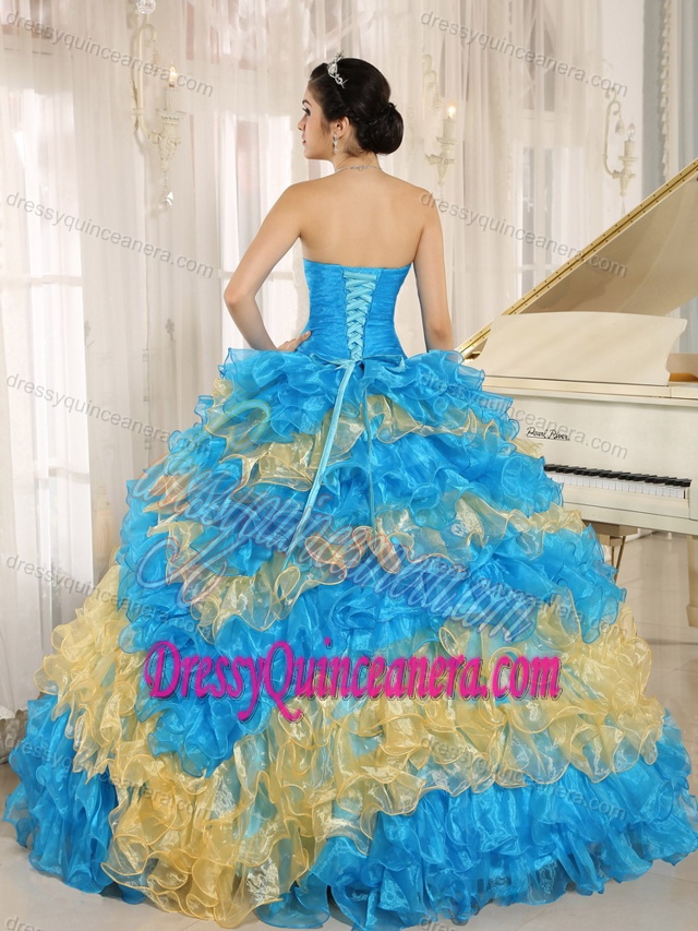 2014 Quinceanera Dress with Sweetheart Appliques and Ruffles in Blue and Yellow