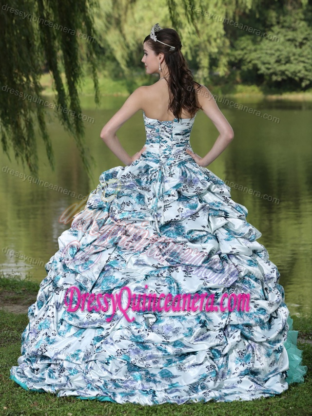 Printed Sweetheart Beading Pick-ups and Ruffles Quince Dresses with Brush Train