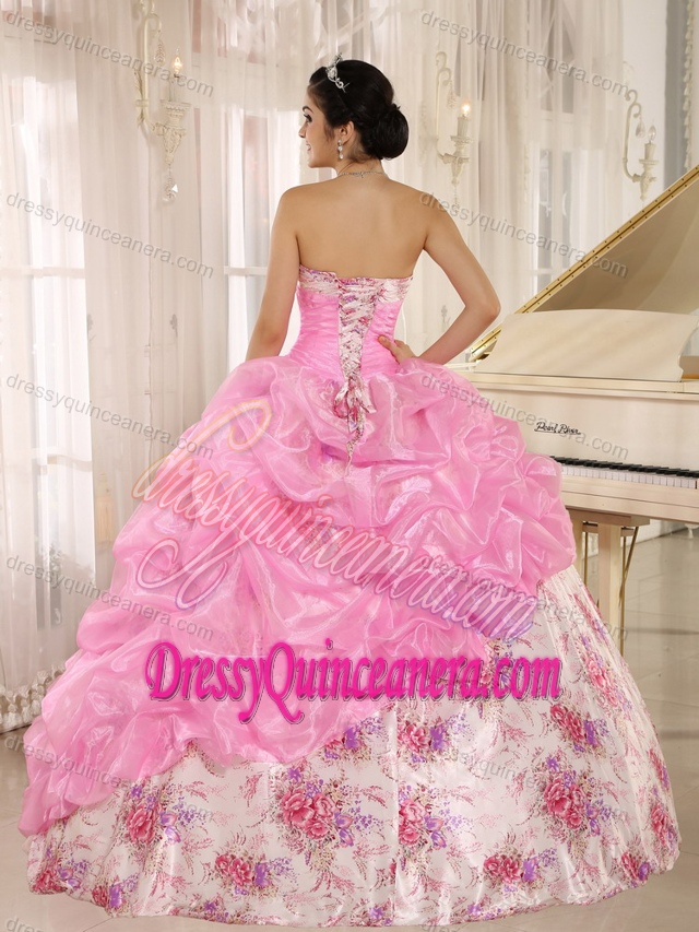 Printing Sweetheart Beading and Pick-ups Sweet Sixteen Dresses in Pink