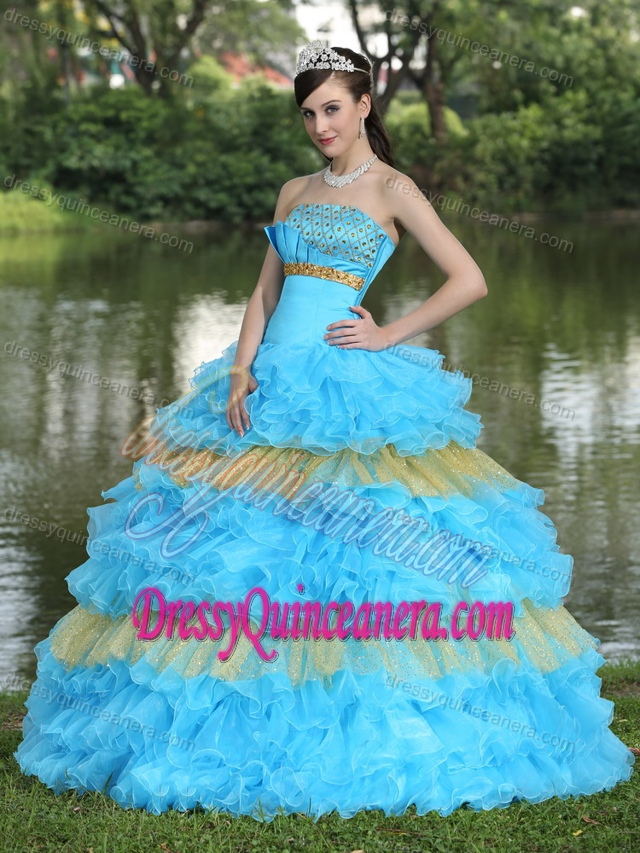Beaded Aqua Blue and Yellow Strapless Sweet Quinceanera Dress for 2014