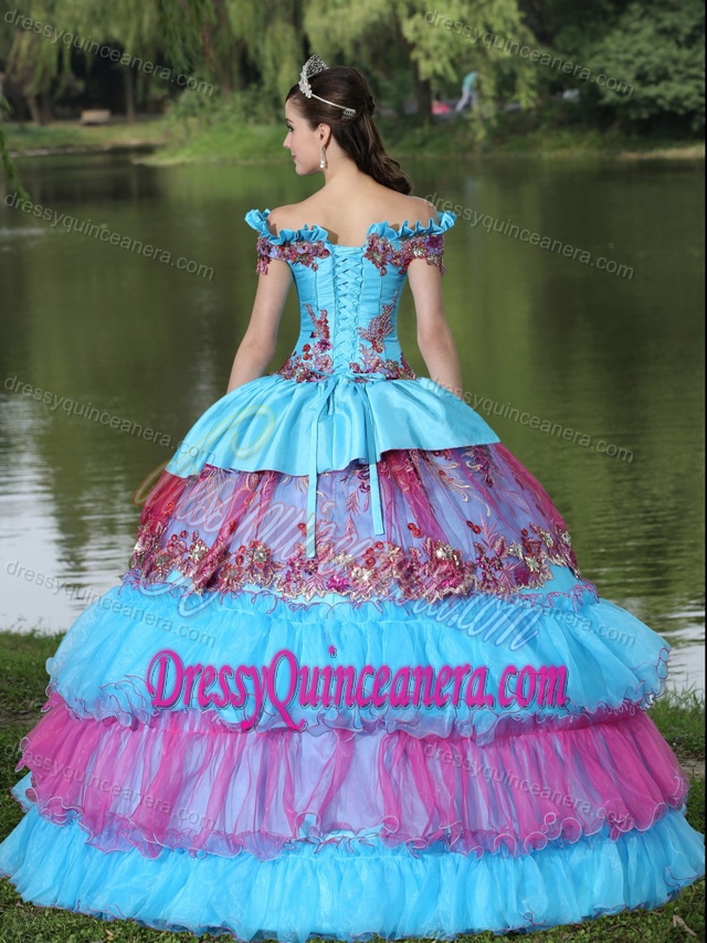 Exclusive Off the Shoulder Appliques Layers Quinceanera Dress for 2014 in Fall