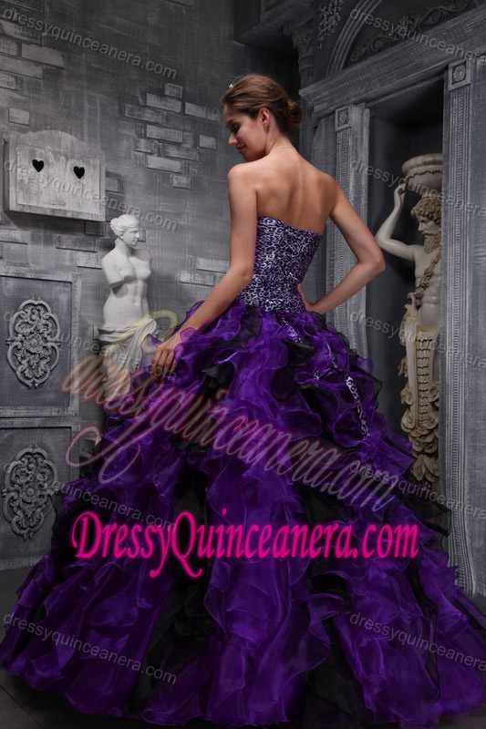 Purple Leopard Print Sweetheart Sweet Sixteen Dresses with Organza Ruffles