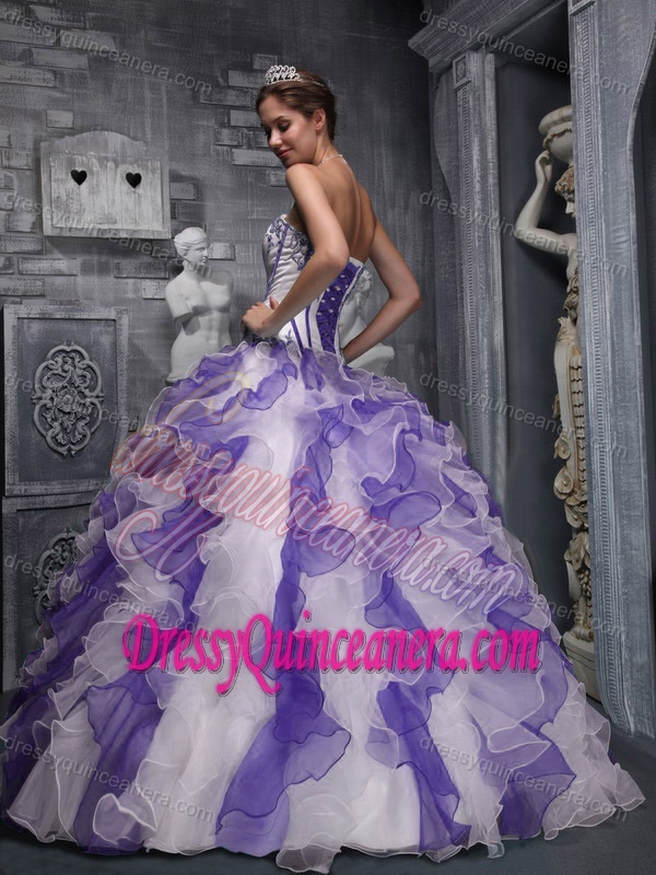 Expensive Sweetheart Appliques Ruffled Dress for Quince in White and Purple