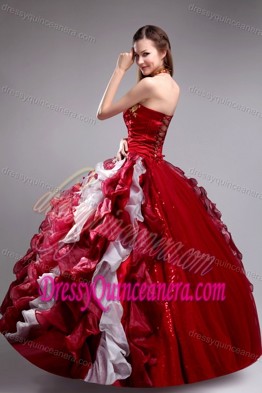Wine Red Halter Beading Organza Quinceanera Dress with Appliques and Ruffles