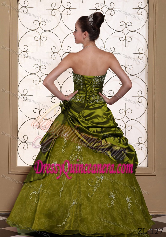 Strapless Quinceanera Gown with Embroidery in Olive Green on Sale