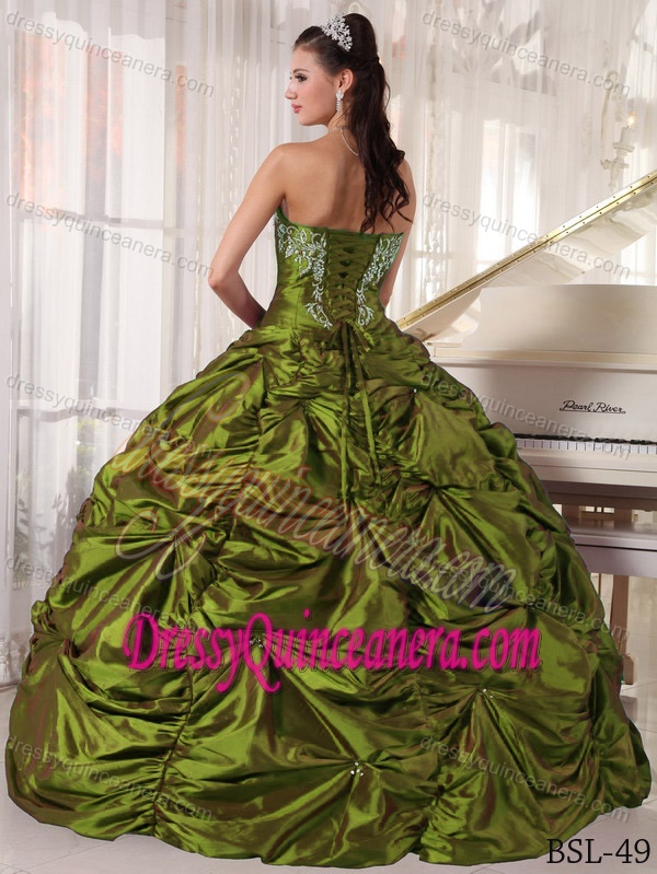 Low Price Strapless Taffeta Quince Dress with Embroidery in Olive Green