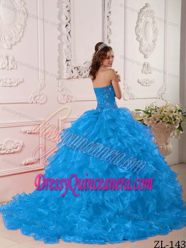 Strapless Floor-length Organza Lovely Sweet 16 Dress in Blue with Ruffles