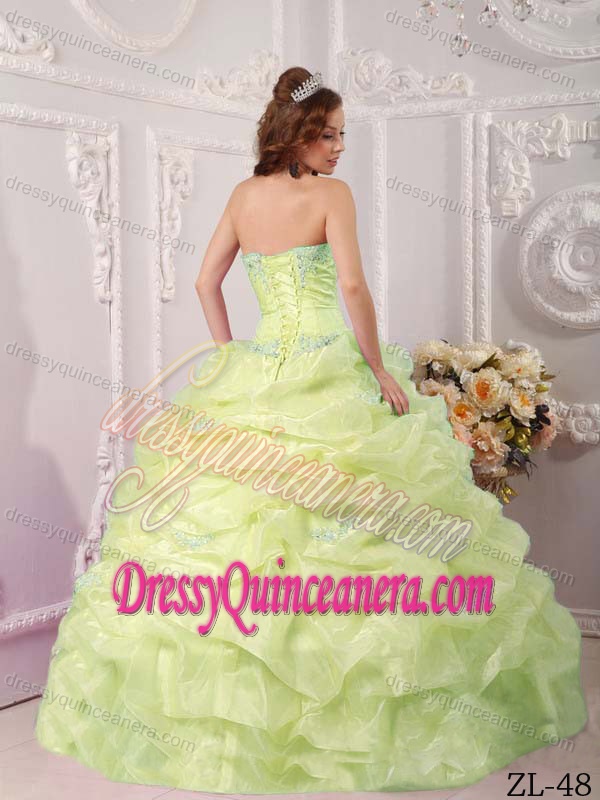Discount Organza Quinceanera Gown Dress with Strapless in Yellow Green