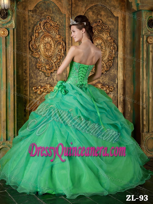 Green Ball Gown Quinceanera Gowns with Embroidery and Handmade Flowers