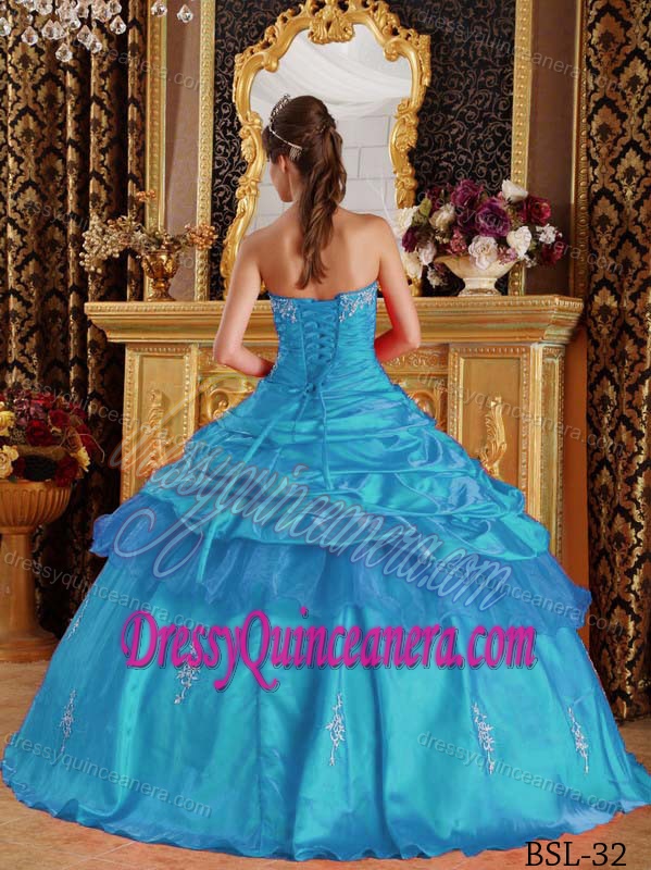 Aqua Blue Sweetheart Dress for Quinceanera with Pick-ups and Appliques on Sale
