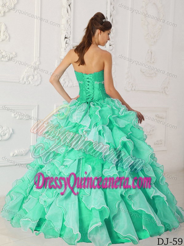 Ruffled Apple Green Quinceanera Dresses with Heart Shaped Neckline in Organza