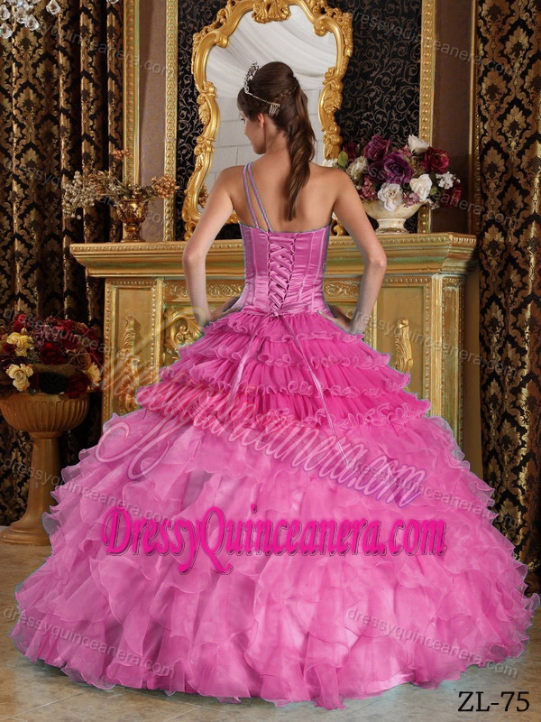 Hot Pink One Shoulder Quinceanera Gowns with Ruffled Layers and Beadings