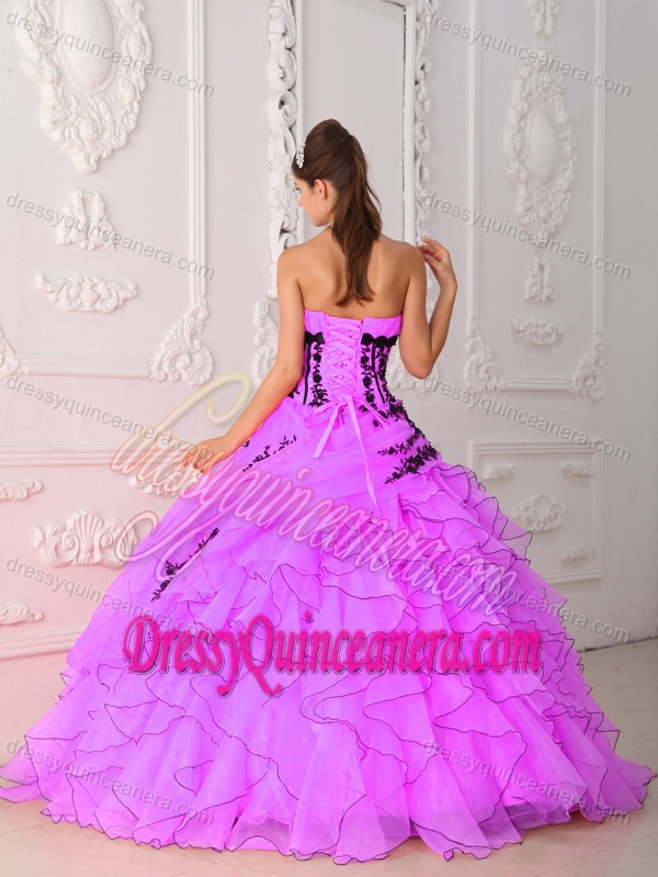 Sweet Ball Gown Strapless Hot Pink Sweet Sixteen Dresses with Black Appliques