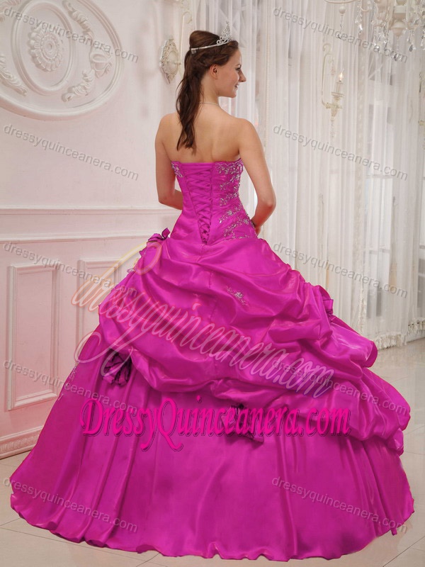 Hot Pink Sweetheart Quince Gown in Taffeta with Beads and Handmade Flowers