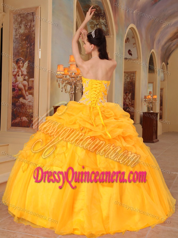 Cheap Sweetheart Gold Quinceanera Dress with Appliques and Pick-ups on Sale
