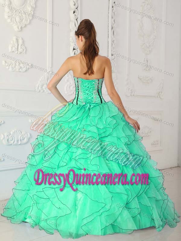Apple Green Ball Gown Ruffled Quinceanera Gown with Black Streaks in Organza