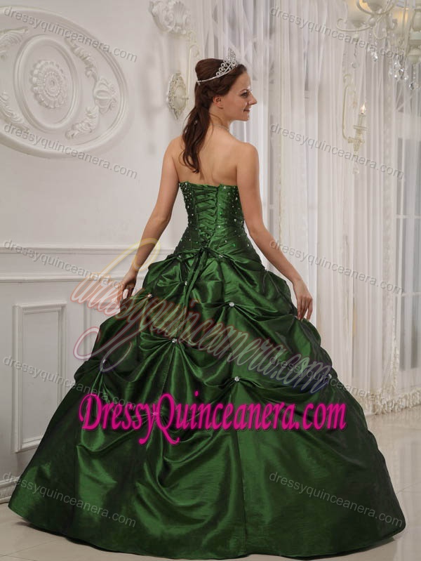 Strapless Beading Taffeta Quinceanera Gown Dress with Pick-ups in Olive Green