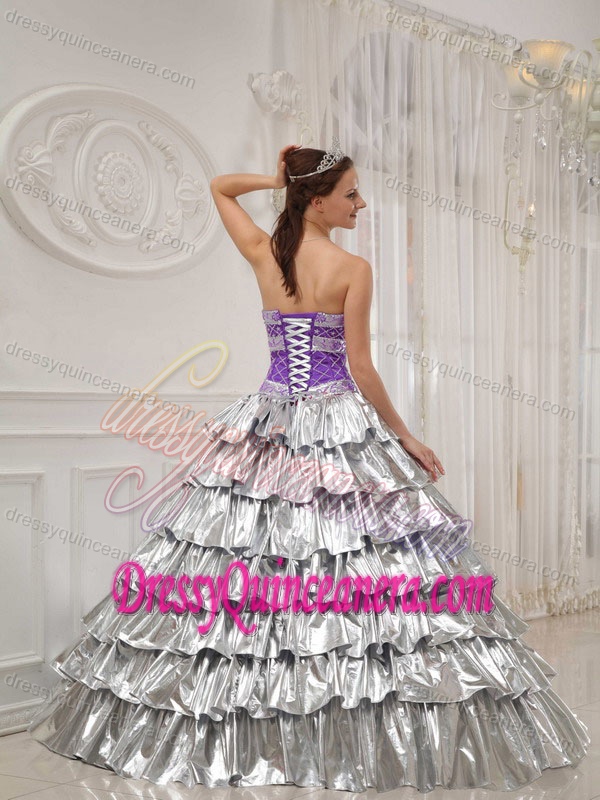 Princess Strapless Quinceanera Gown with Ruffled Layers in Purple and White