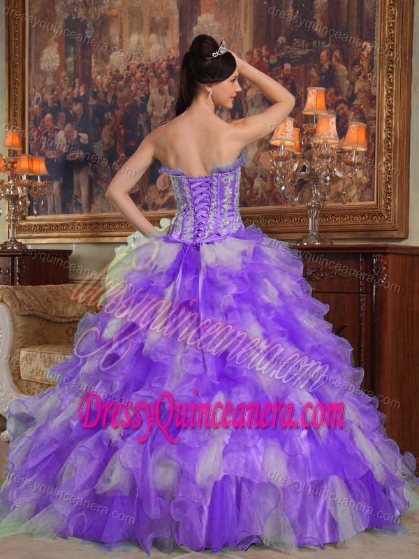 Strapless Purple and White Dress for Quinceanera with Ruffles and Embroidery