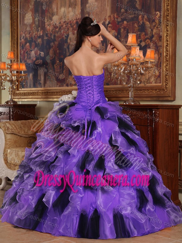Ruffled Organza Sweet Sixteen Dress with Beads and Ruches in Purple and Black