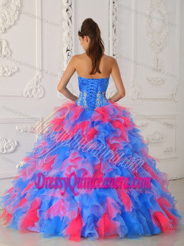 Multi-colored Ruffled Dress for Quince with Embroidery and Handmade Flowers