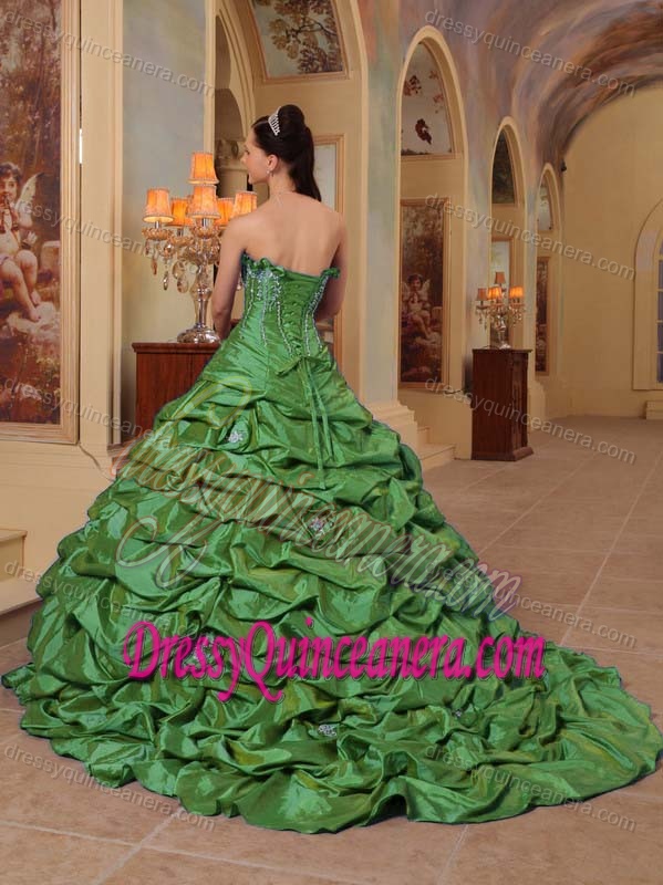 Green Court Train Quince Gowns with Pick-ups and Embroidery on Promotion