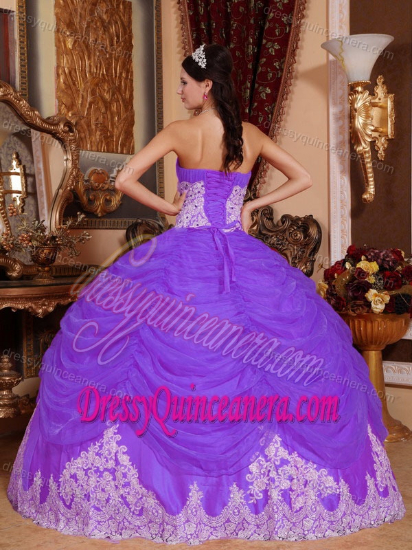 Purple Ball Gown Strapless Sweet 16 Dresses with Ruches and White Embroidery