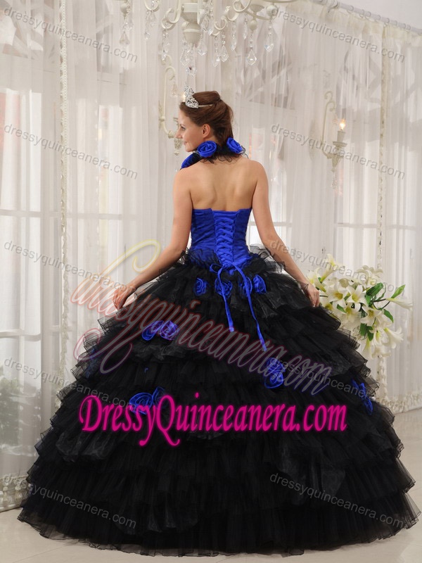 Halter-top Ruffled Blue and Black Quince Gown Dresses with Handmade Flowers